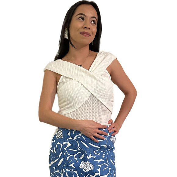 White Textured Criss Cross Bodysuit - Picture 1 of 6